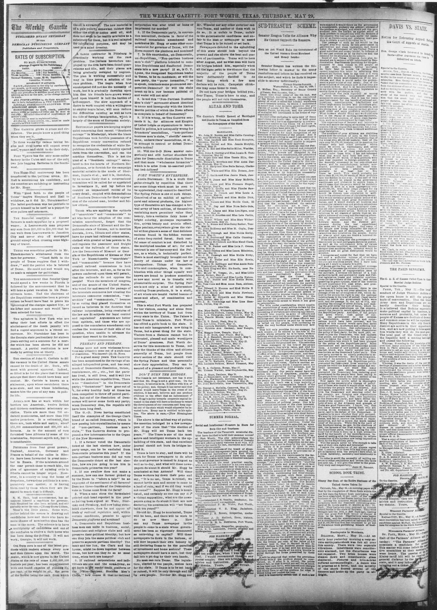 Fort Worth Daily Gazette. (Fort Worth, Tex.), Vol. 12, No. 25, Ed. 1, Thursday, May 29, 1890
                                                
                                                    [Sequence #]: 4 of 24
                                                