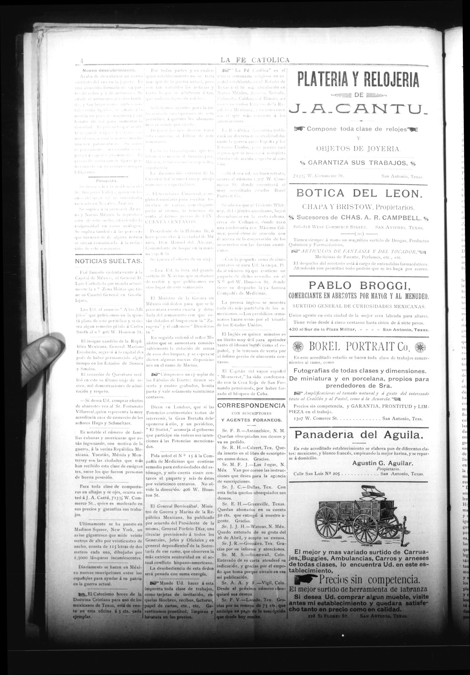 La Fé Católica (San Antonio, Tex.), Vol. 2, No. 66, Ed. 1 Saturday, May 7, 1898
                                                
                                                    [Sequence #]: 4 of 6
                                                