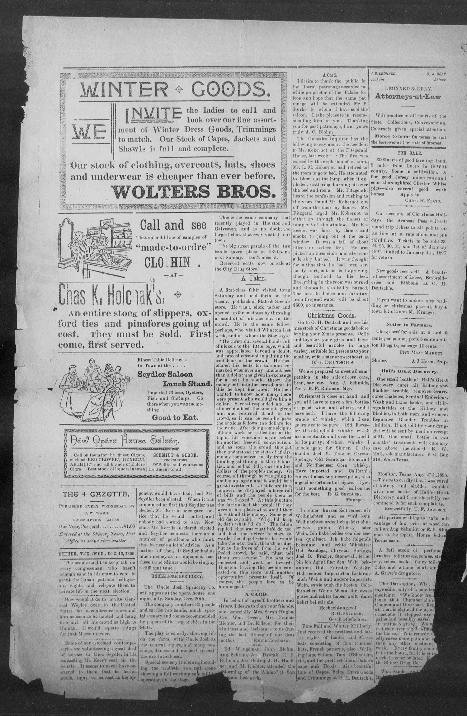 Shiner Gazette. (Shiner, Tex.), Vol. 4, No. 29, Ed. 1, Wednesday, December 16, 1896
                                                
                                                    [Sequence #]: 4 of 8
                                                