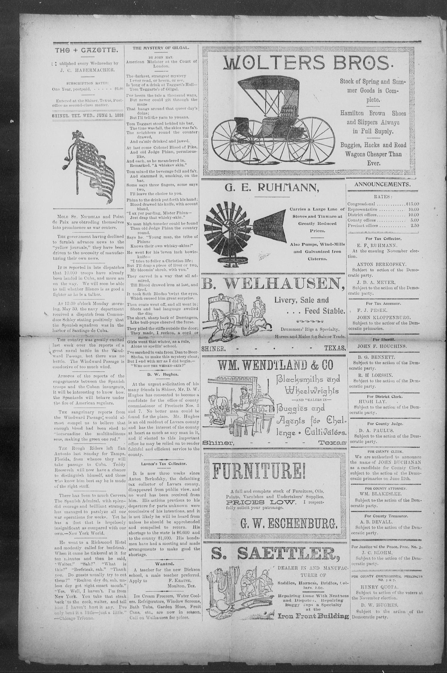 Shiner Gazette. (Shiner, Tex.), Vol. 6, No. 1, Ed. 1, Wednesday, June 1, 1898
                                                
                                                    [Sequence #]: 4 of 8
                                                