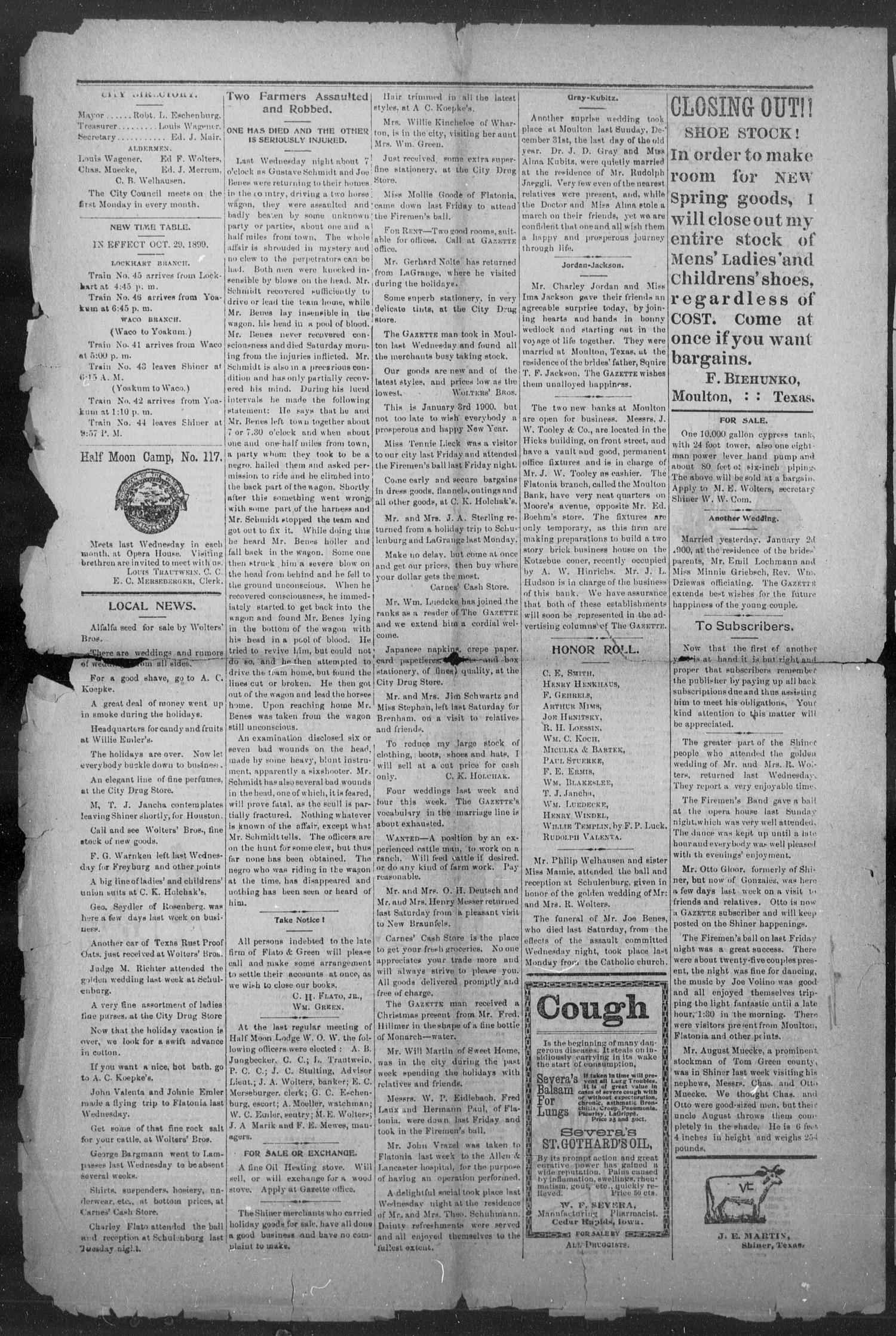 Shiner Gazette. (Shiner, Tex.), Vol. 7, No. 32, Ed. 1, Wednesday, January 3, 1900
                                                
                                                    [Sequence #]: 4 of 8
                                                
