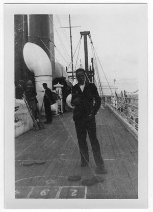 Primary view of object titled '[Photo of Unidentified Man on Deck of the SS President Harding]'.