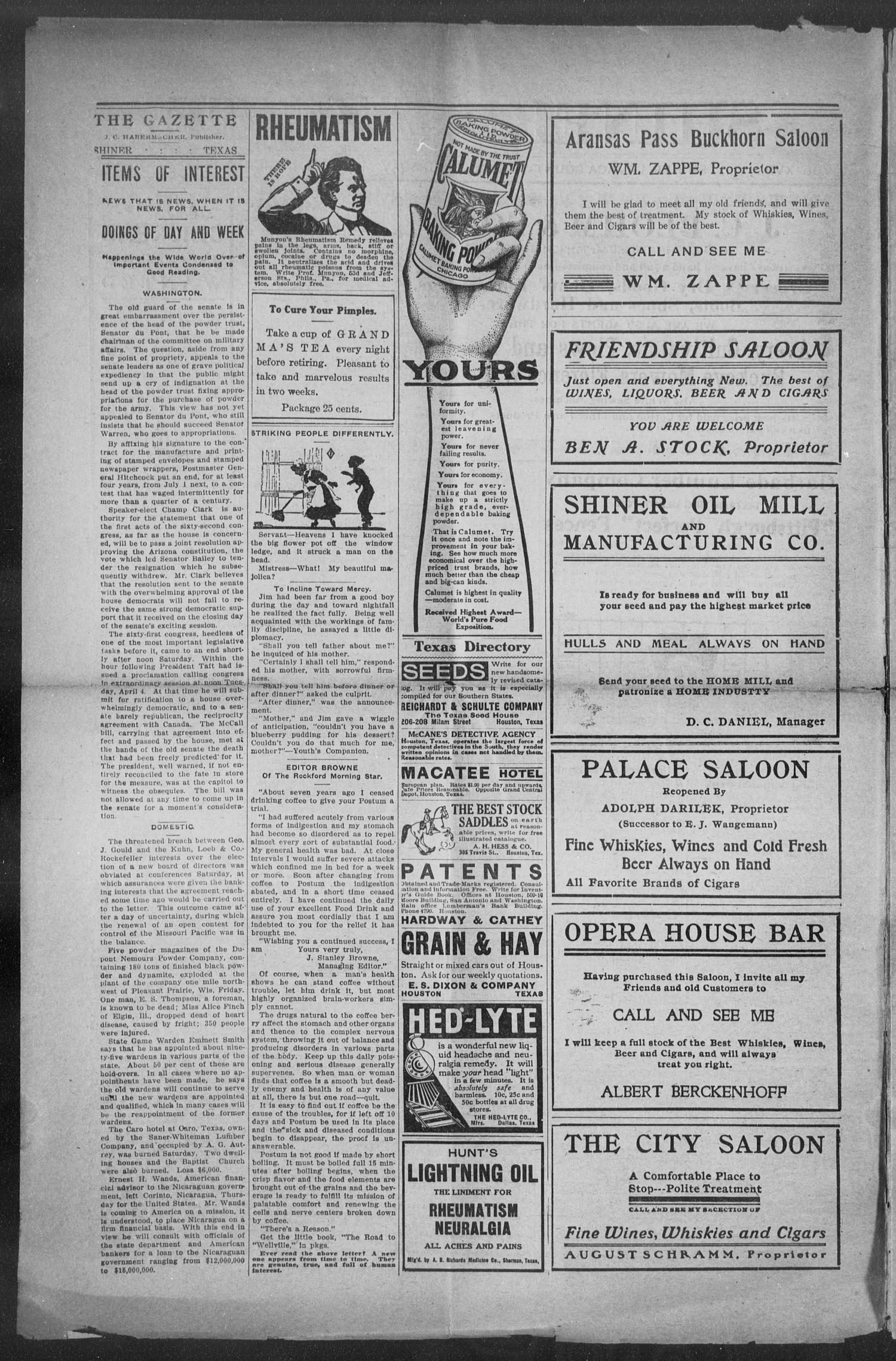 Shiner Gazette. (Shiner, Tex.), Vol. 18, No. 30, Ed. 1, Thursday, March 16, 1911
                                                
                                                    [Sequence #]: 2 of 8
                                                