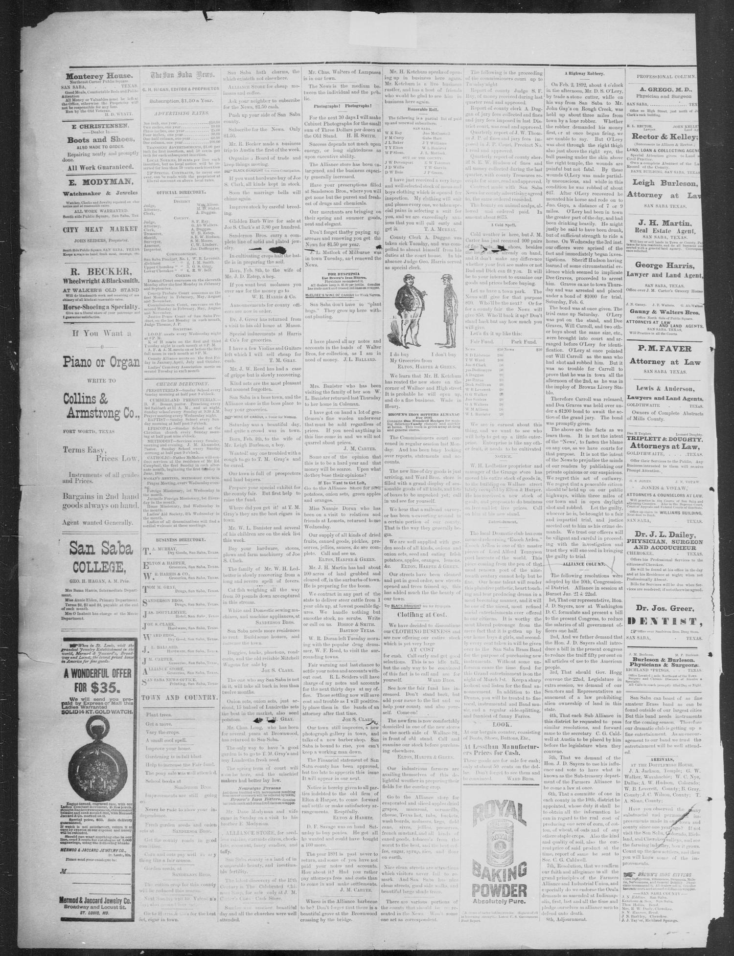 The San Saba Weekly News. (San Saba, Tex.), Vol. 18, No. 13, Ed. 1, Friday, February 12, 1892
                                                
                                                    [Sequence #]: 4 of 4
                                                