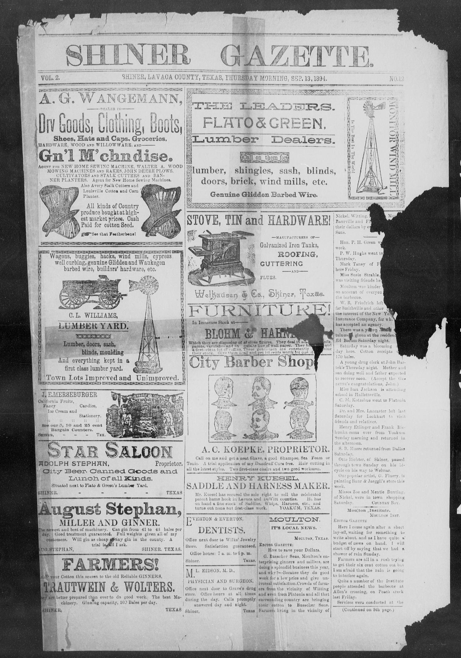 Shiner Gazette. (Shiner, Tex.), Vol. 2, No. 12, Ed. 1, Thursday, September 13, 1894
                                                
                                                    [Sequence #]: 1 of 4
                                                