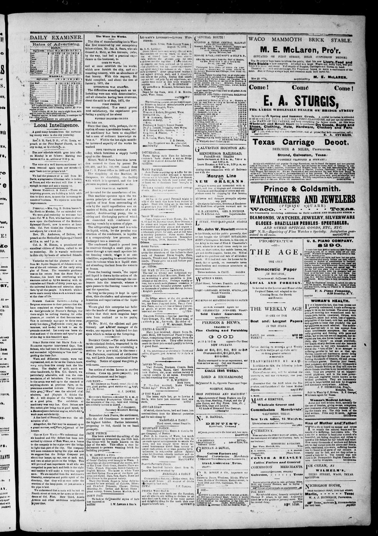 The Waco Daily Examiner. (Waco, Tex.), Vol. 2, No. 173, Ed. 1, Sunday, May 24, 1874
                                                
                                                    [Sequence #]: 3 of 4
                                                