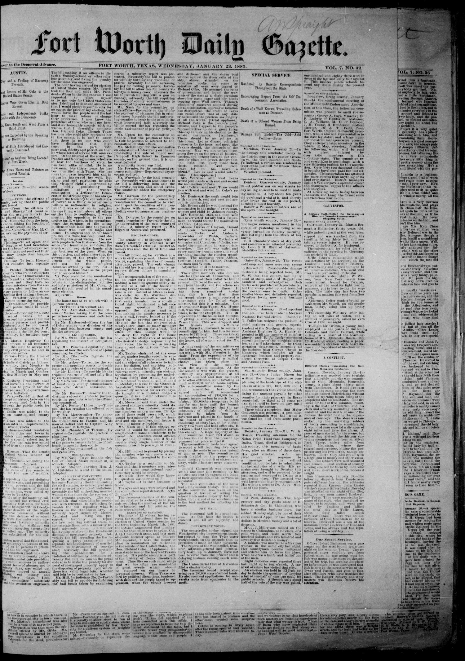Fort Worth Daily Gazette. (Fort Worth, Tex.), Vol. 7, No. 32, Ed. 1, Wednesday, January 24, 1883
                                                
                                                    [Sequence #]: 1 of 8
                                                