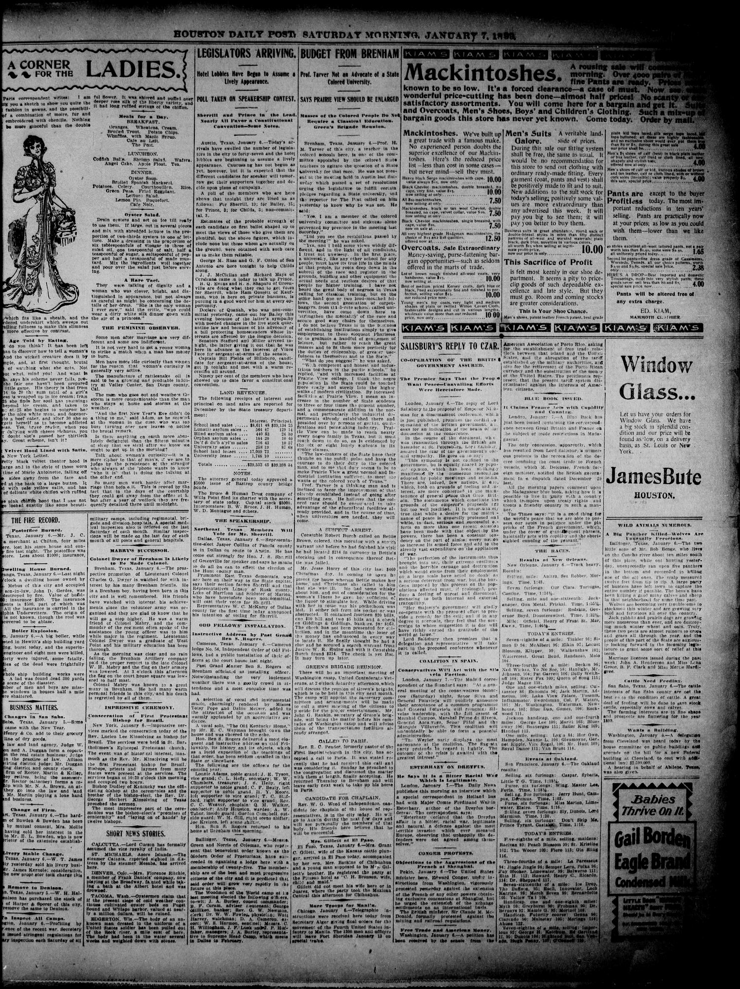The Houston Daily Post (Houston, Tex.), Vol. 14, No. 280, Ed. 1, Saturday, January 7, 1899
                                                
                                                    [Sequence #]: 3 of 10
                                                
