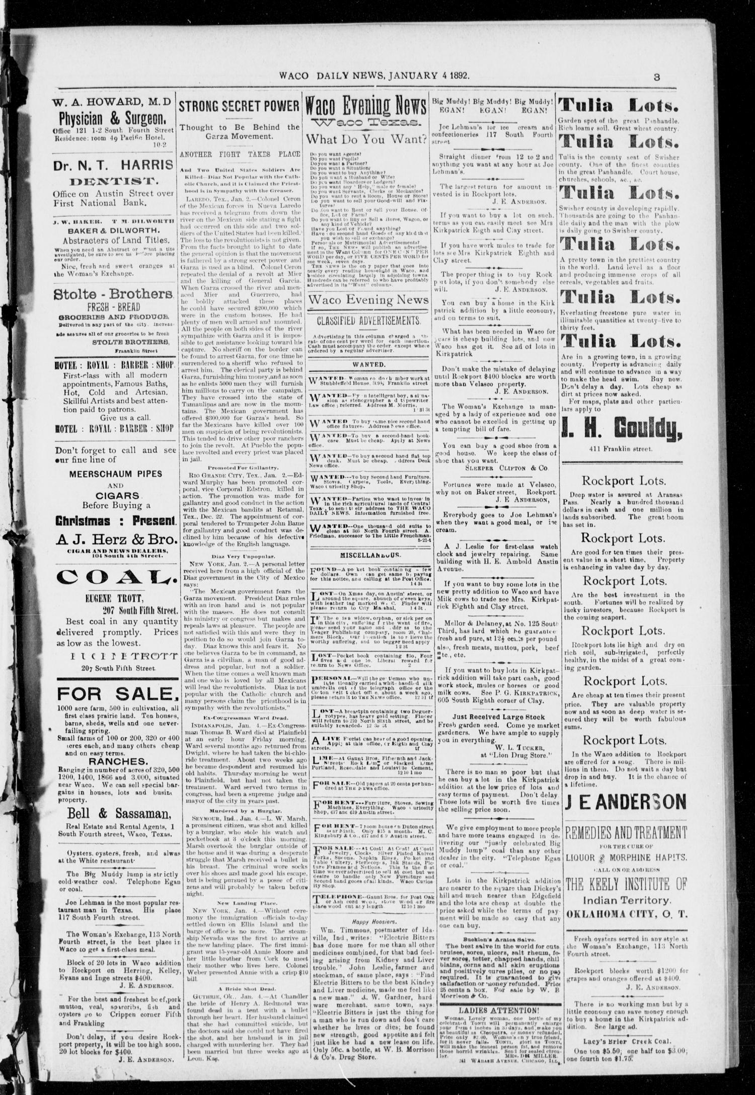 The Waco Evening News. (Waco, Tex.), Vol. 4, No. 150, Ed. 1, Monday, January 4, 1892
                                                
                                                    [Sequence #]: 3 of 8
                                                