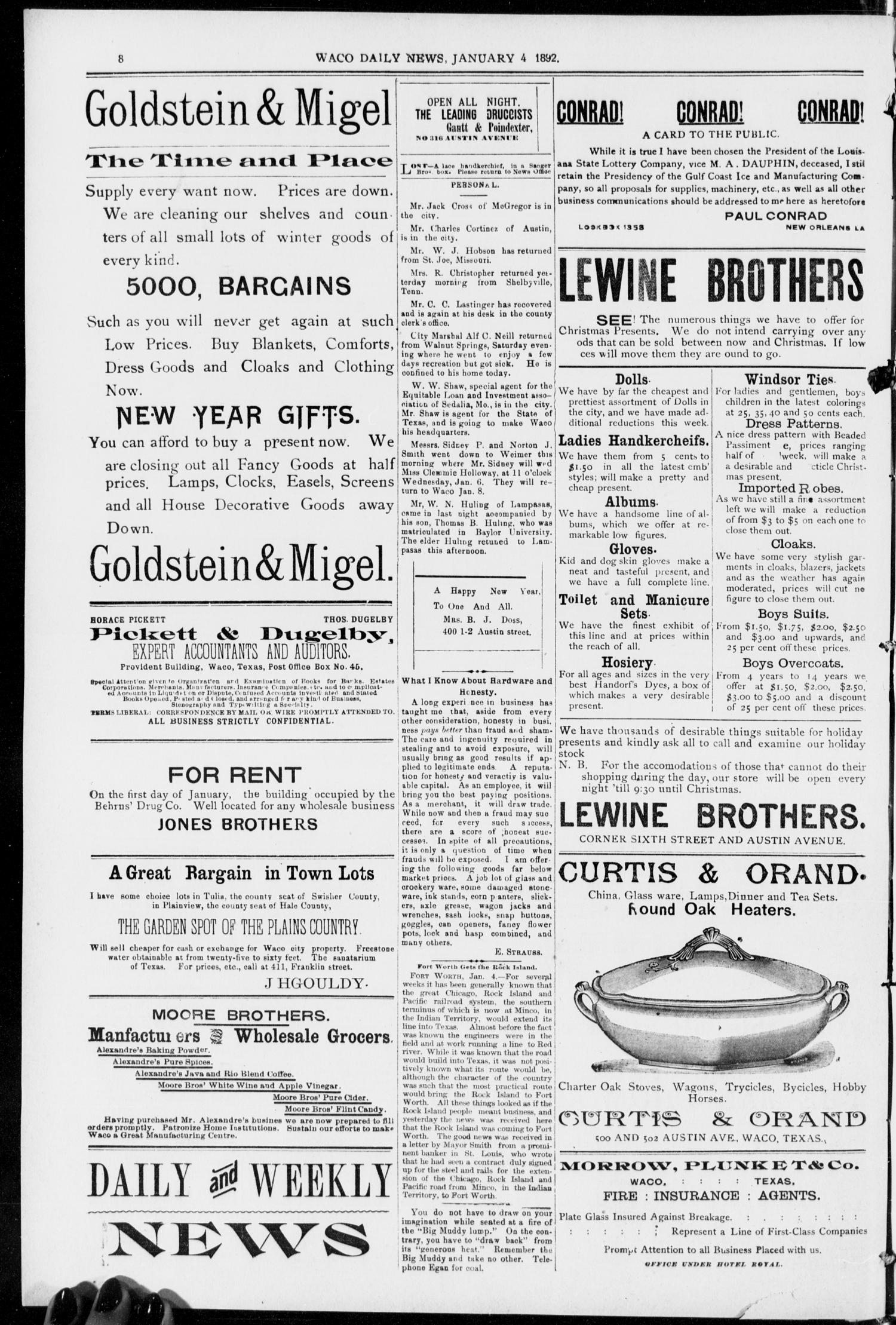 The Waco Evening News. (Waco, Tex.), Vol. 4, No. 150, Ed. 1, Monday, January 4, 1892
                                                
                                                    [Sequence #]: 8 of 8
                                                
