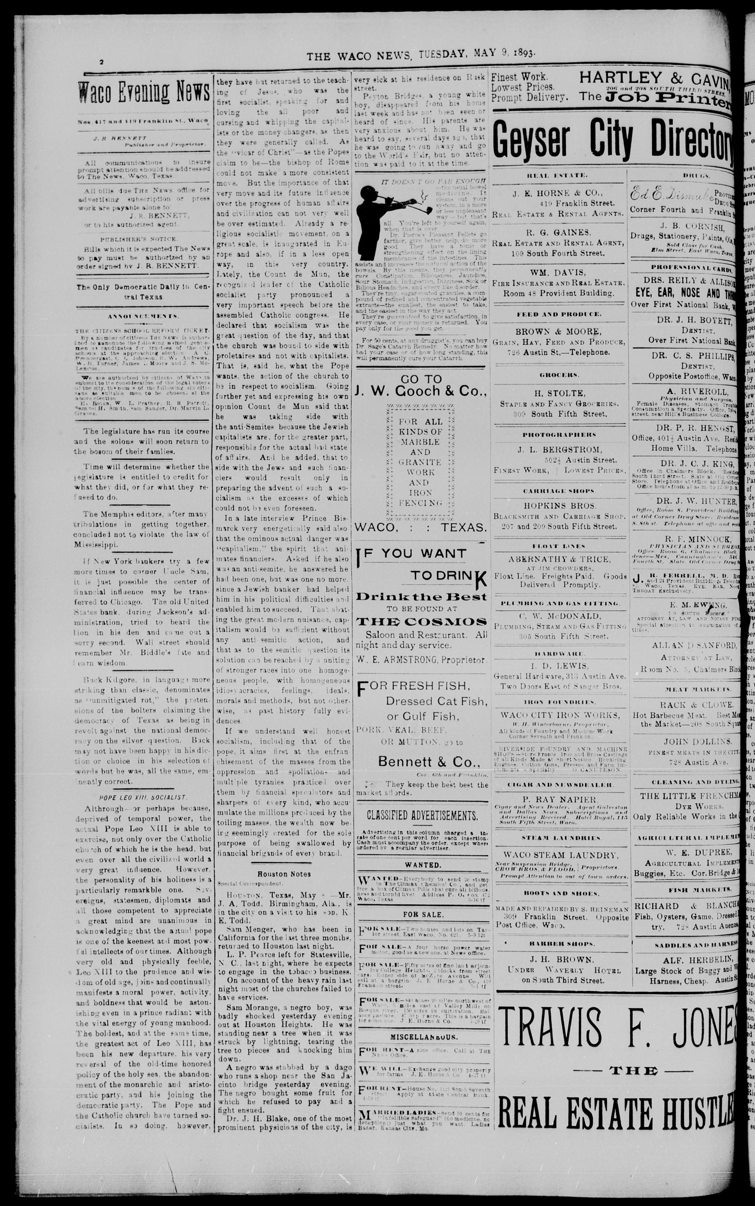 The Waco Evening News. (Waco, Tex.), Vol. 5, No. 253, Ed. 1, Tuesday, May 9, 1893
                                                
                                                    [Sequence #]: 2 of 8
                                                