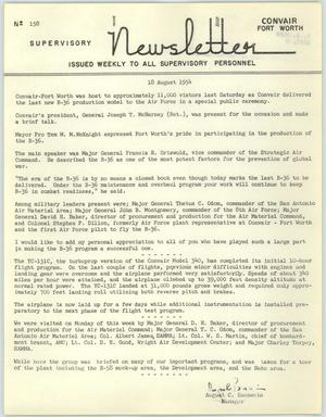 Primary view of object titled 'Convair Supervisory Newsletter, Number 158, August 18, 1954'.