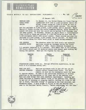 Primary view of object titled 'Convair Supervisory Newsletter, Number 498, January 18, 1961'.