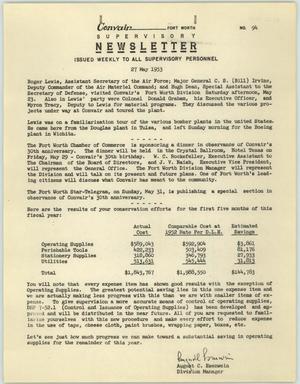 Primary view of object titled 'Convair Supervisory Newsletter, Number 94, May 27, 1953'.