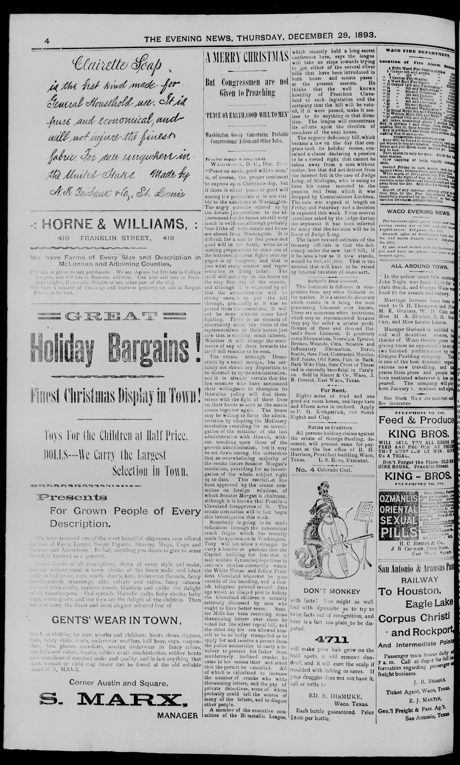The Waco Evening News. (Waco, Tex.), Vol. 6, No. 141, Ed. 1, Thursday, December 28, 1893
                                                
                                                    [Sequence #]: 4 of 8
                                                