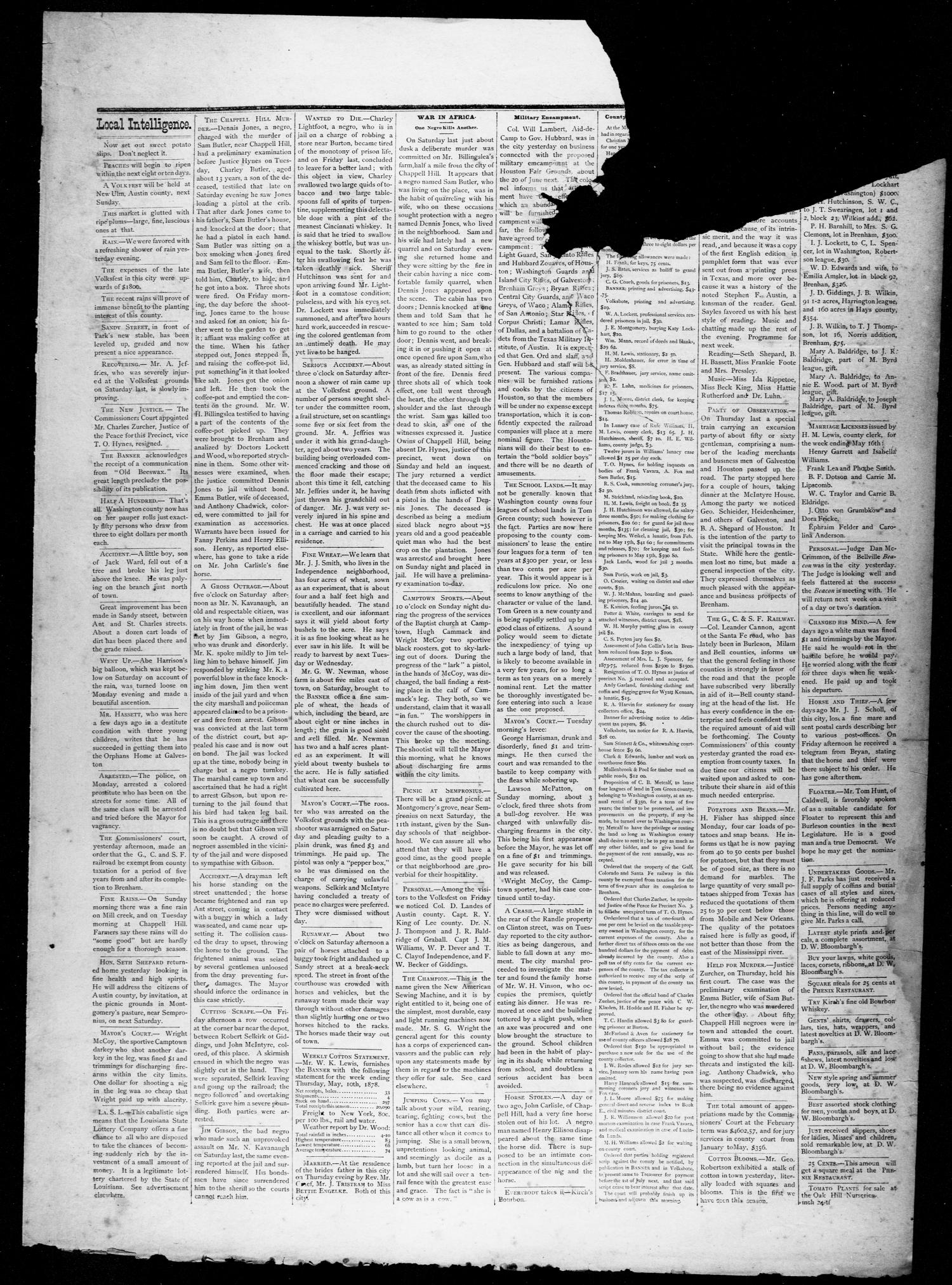 Brenham Weekly Banner. (Brenham, Tex.), Vol. 13, No. 20, Ed. 1, Friday, May 17, 1878
                                                
                                                    [Sequence #]: 3 of 4
                                                
