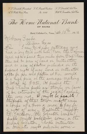 Primary view of object titled '[Letter from Rich Cord[..]ent to Henry Sayles, February 16, 1912]'.