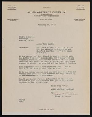 Primary view of object titled '[Letter from Rupert C. Allen to Sayles & Sayles, February 23, 1940]'.