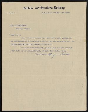 Primary view of object titled '[Letter from Morgan Jones to H. J. Bradshaw, October 4, 1910]'.