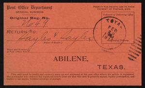 Primary view of object titled '[Return Receipt for Registered Mail From Sayles & Sayles to J. A. Martin]'.