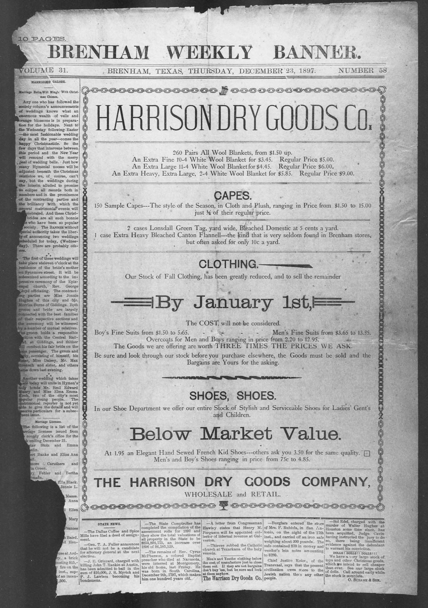 Brenham Weekly Banner. (Brenham, Tex.), Vol. 31, No. 58, Ed. 1, Thursday, December 23, 1897
                                                
                                                    [Sequence #]: 1 of 10
                                                