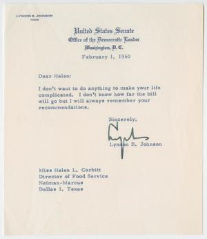 Primary view of object titled '[Letter from Lyndon B. Johnson to Helen Corbitt, February 1, 1960]'.