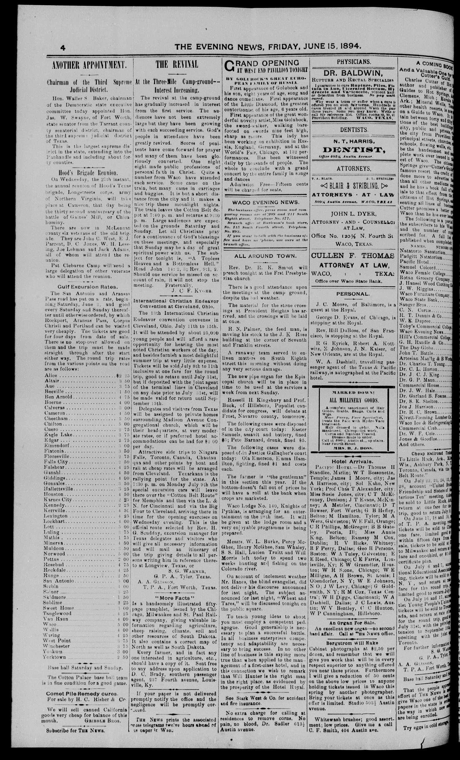 The Waco Evening News. (Waco, Tex.), Vol. 6, No. 286, Ed. 1, Friday, June 15, 1894
                                                
                                                    [Sequence #]: 4 of 8
                                                