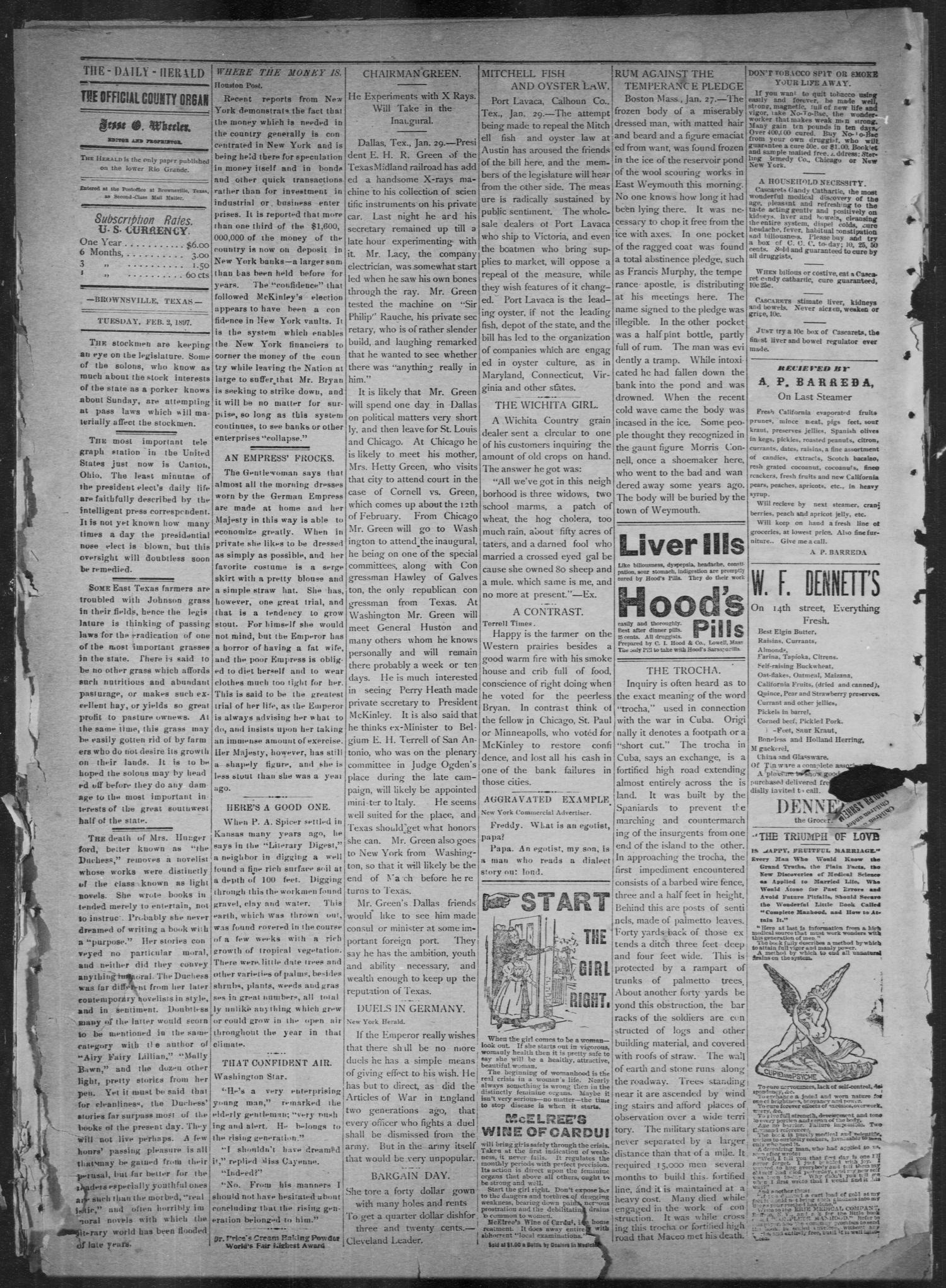 The Daily Herald (Brownsville, Tex.), Vol. 5, No. 183, Ed. 1, Tuesday, February 2, 1897
                                                
                                                    [Sequence #]: 2 of 4
                                                
