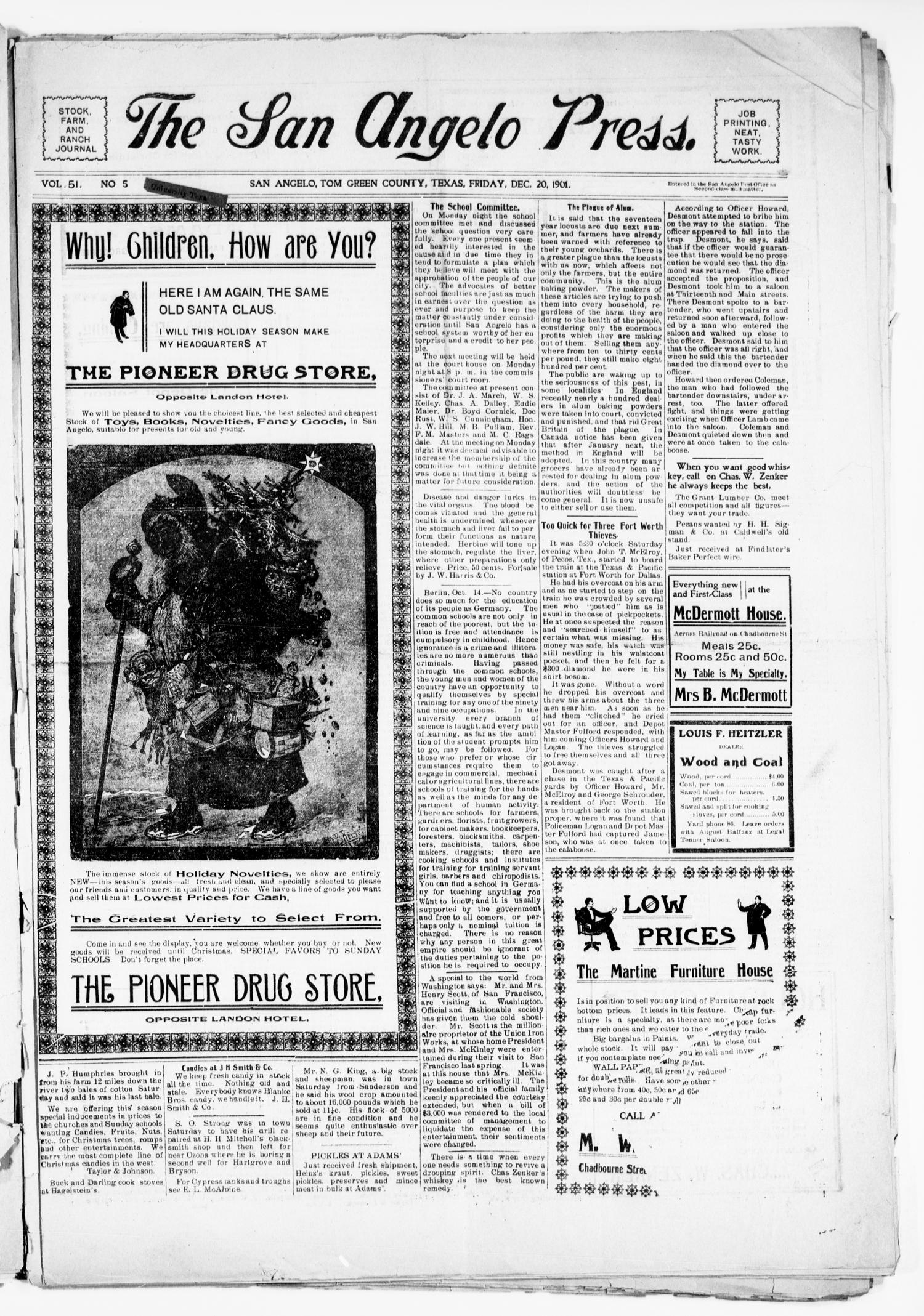 The San Angelo Press. (San Angelo, Tex.), Vol. 5, No. 51, Ed. 1, Friday, December 20, 1901
                                                
                                                    [Sequence #]: 1 of 8
                                                