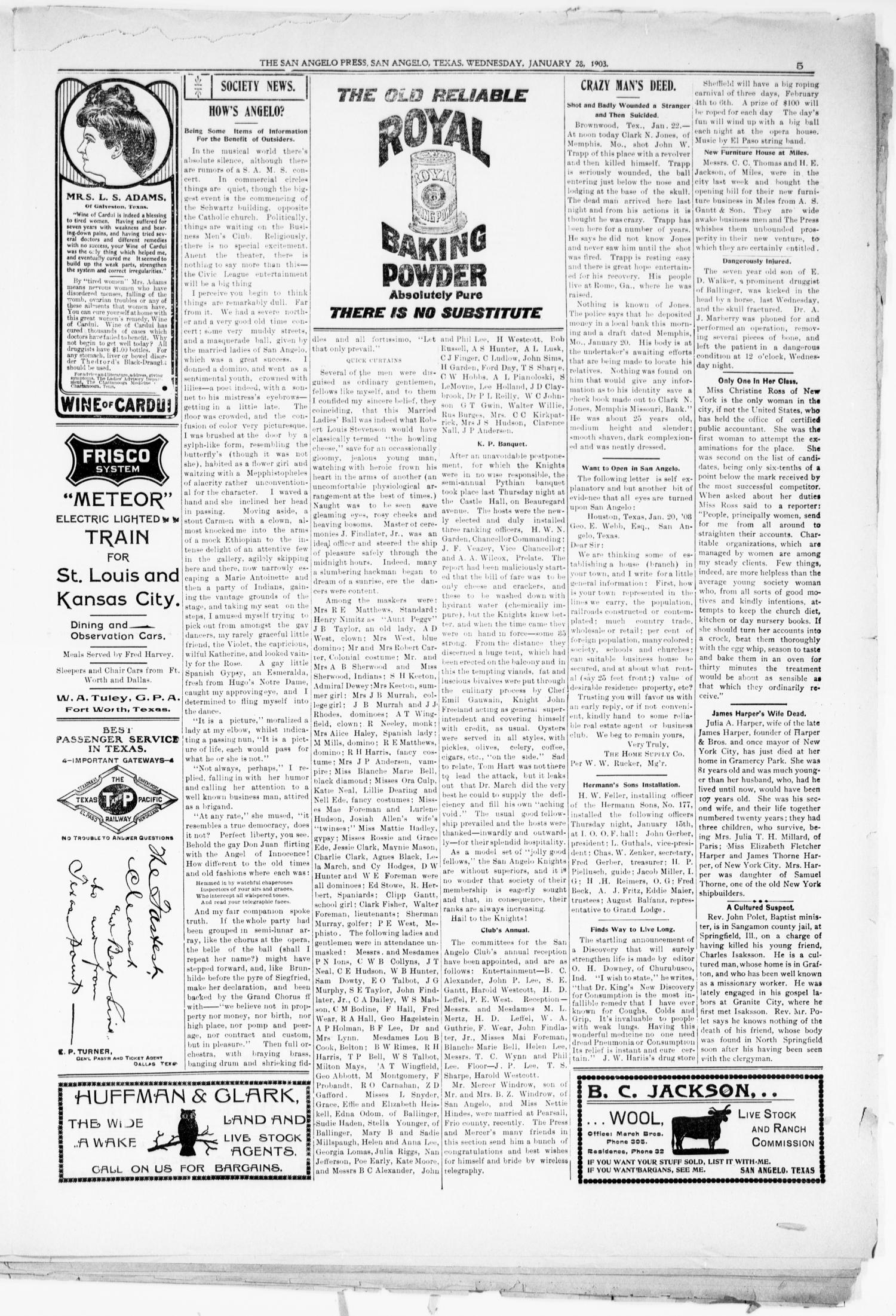 The San Angelo Press. (San Angelo, Tex.), Vol. 7, No. 4, Ed. 1, Wednesday, January 28, 1903
                                                
                                                    [Sequence #]: 5 of 8
                                                