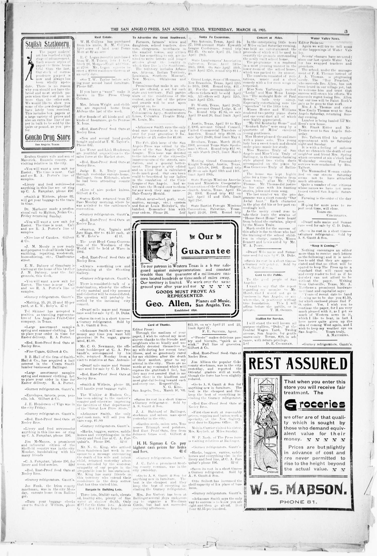 The San Angelo Press. (San Angelo, Tex.), Vol. 7, No. 11, Ed. 1, Wednesday, March 18, 1903
                                                
                                                    [Sequence #]: 3 of 8
                                                