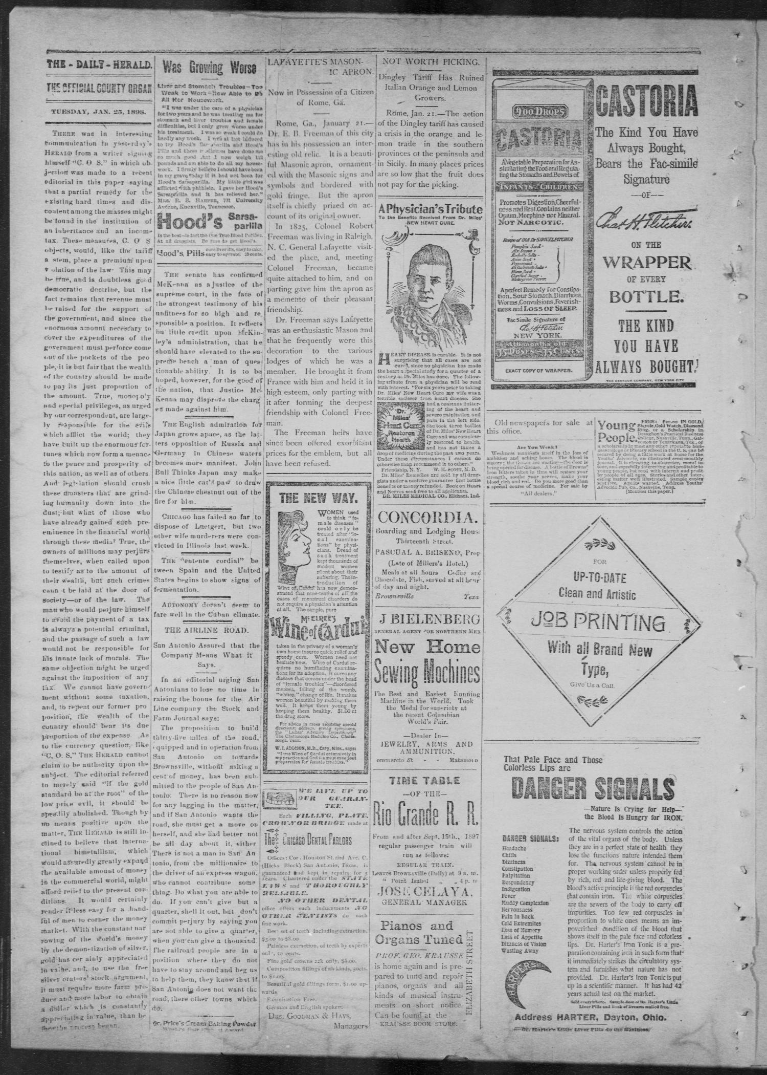 The Brownsville Daily Herald. (Brownsville, Tex.), Vol. 6, No. 175, Ed. 1, Tuesday, January 25, 1898
                                                
                                                    [Sequence #]: 1 of 4
                                                