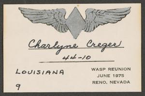 Primary view of object titled '[1975 WASP Reunion Name Tag for Charlyne Creger]'.