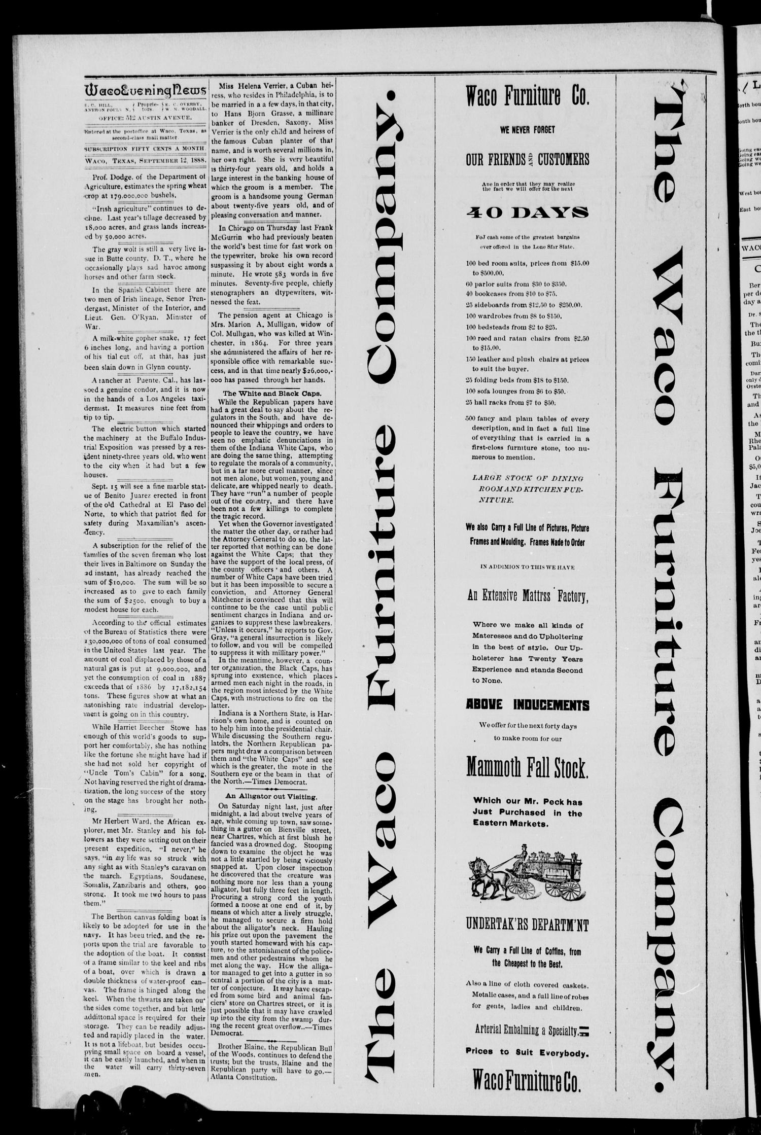 Waco Evening News. (Waco, Tex.), Vol. 1, No. 53, Ed. 1, Wednesday, September 12, 1888
                                                
                                                    [Sequence #]: 2 of 4
                                                