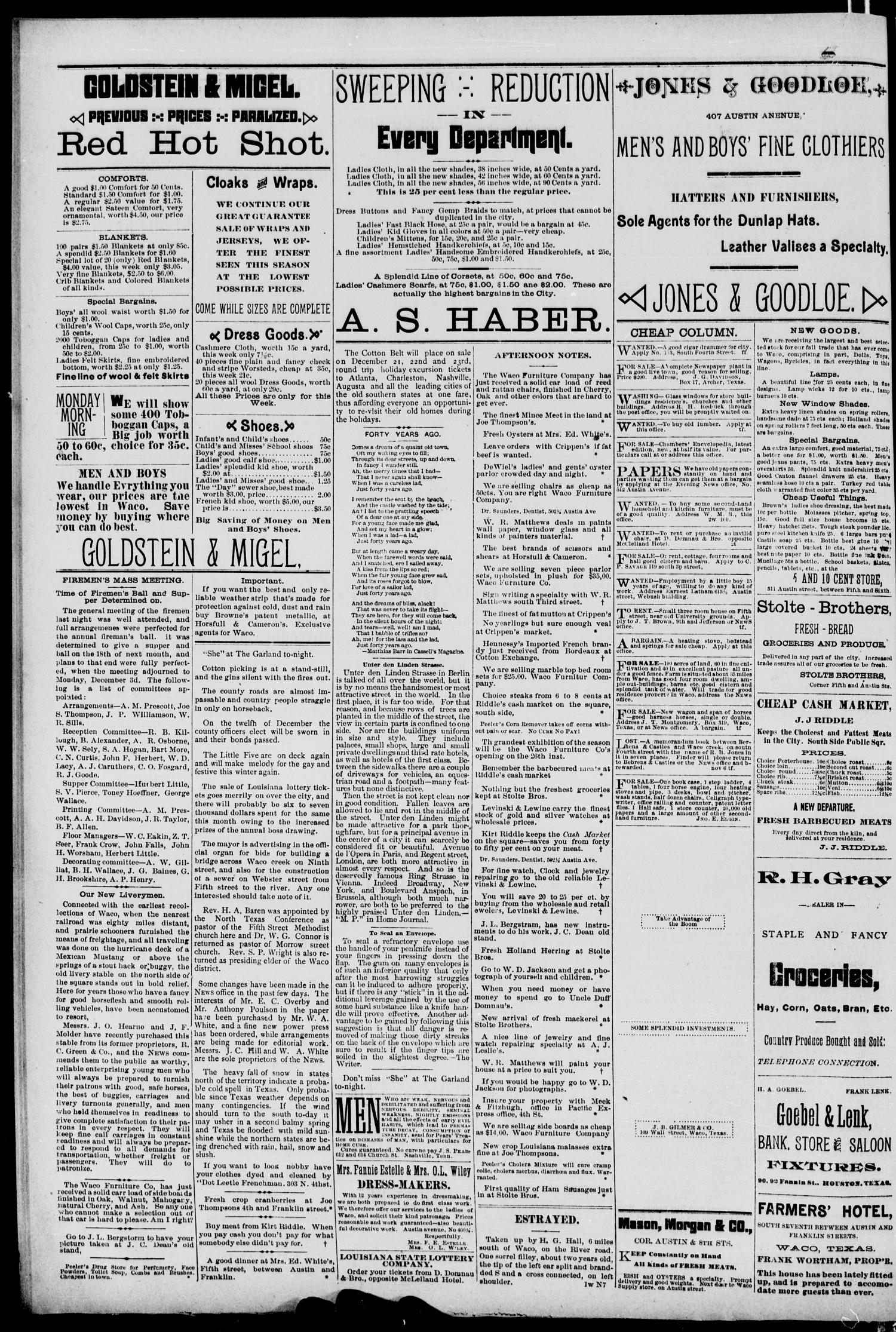 Waco Evening News. (Waco, Tex.), Vol. 1, No. 113, Ed. 1, Tuesday, November 20, 1888
                                                
                                                    [Sequence #]: 4 of 4
                                                