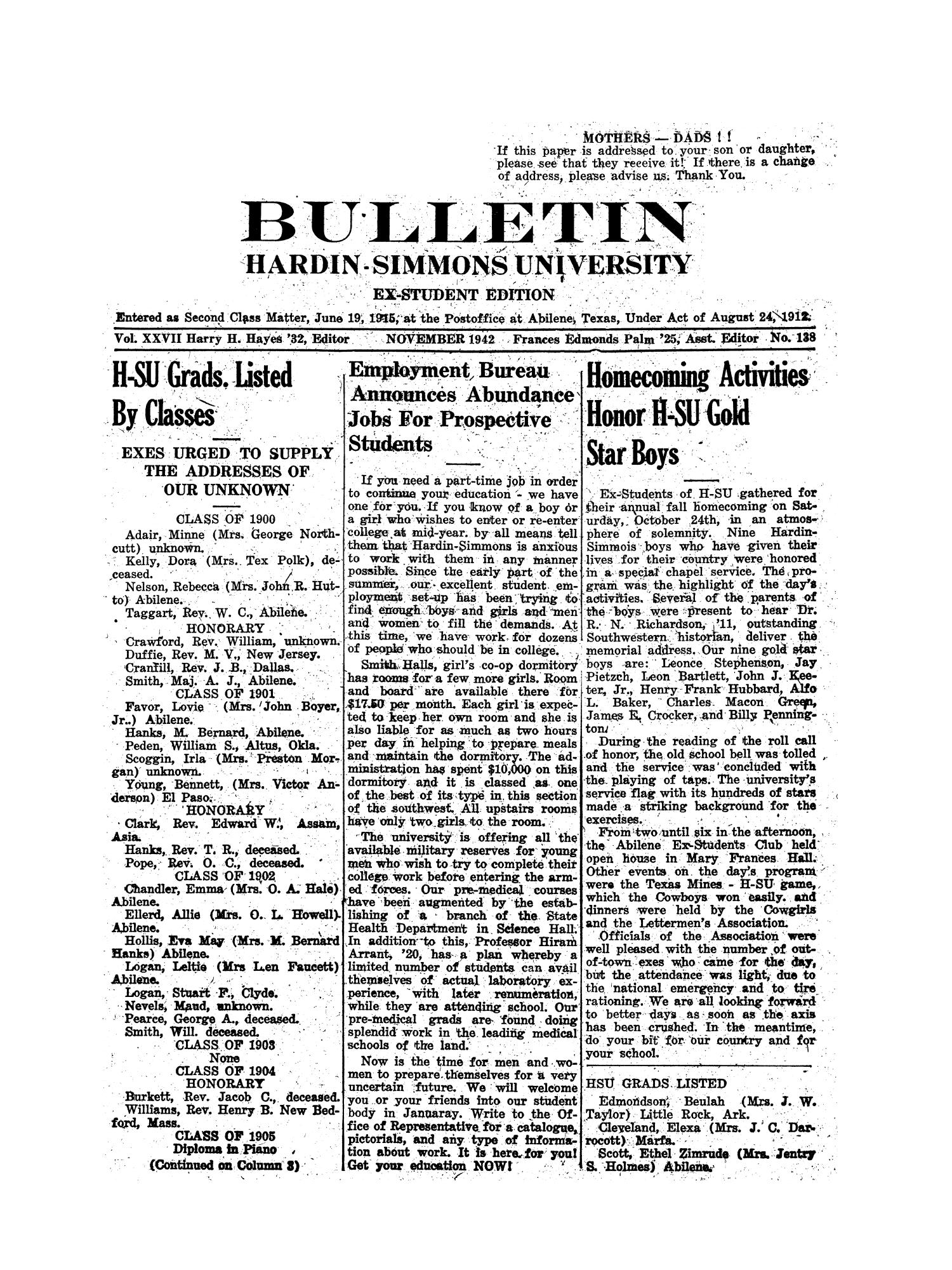 Bulletin: Hardin-Simmons University, Ex-Student Edition, November 1942
                                                
                                                    1
                                                