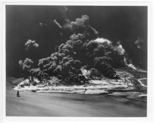 Primary view of object titled '[Aerial view of burning refinery structures during the 1947 Texas City Disaster]'.