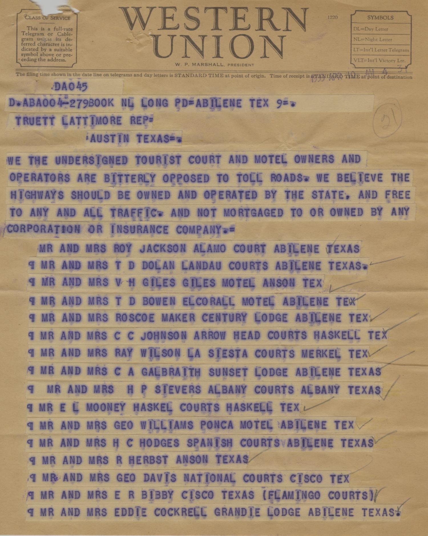 [Telegram from Motel Owners, April 10, 1953]
                                                
                                                    [Sequence #]: 1 of 2
                                                