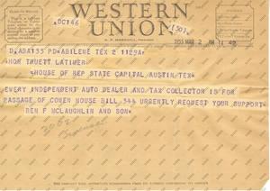 Primary view of object titled '[Telegram from Ben F. McLaughlin, March 2, 1953]'.