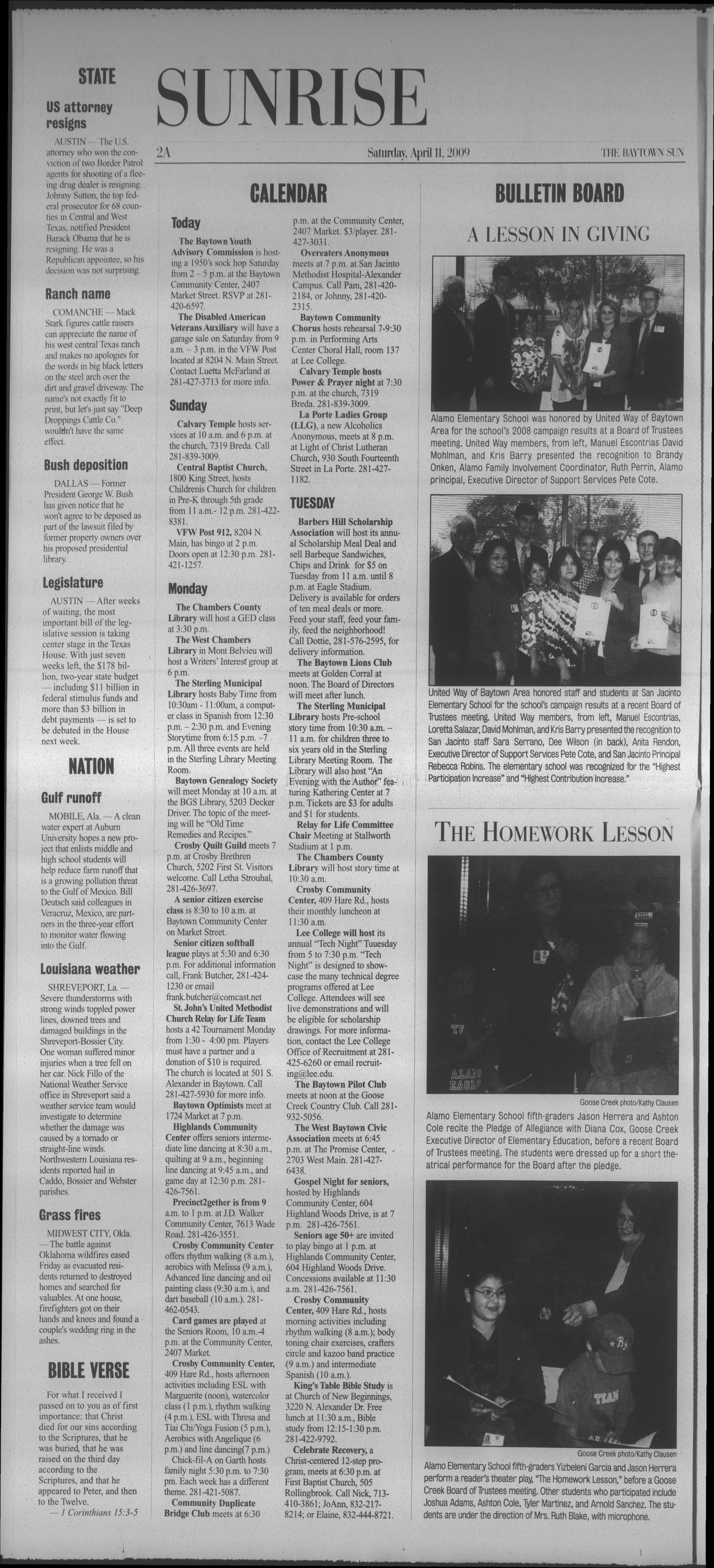 The Baytown Sun (Baytown, Tex.), Vol. 89, No. 99, Ed. 1 Saturday, April 11, 2009
                                                
                                                    [Sequence #]: 2 of 16
                                                