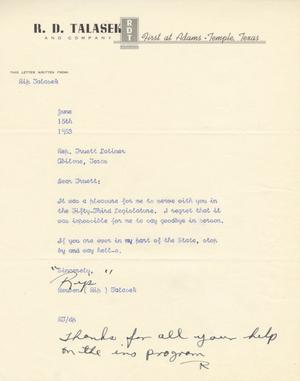 Primary view of object titled '[Letter from Reuben "Rip" Talasek to Truett Latimer, June 15, 1953]'.