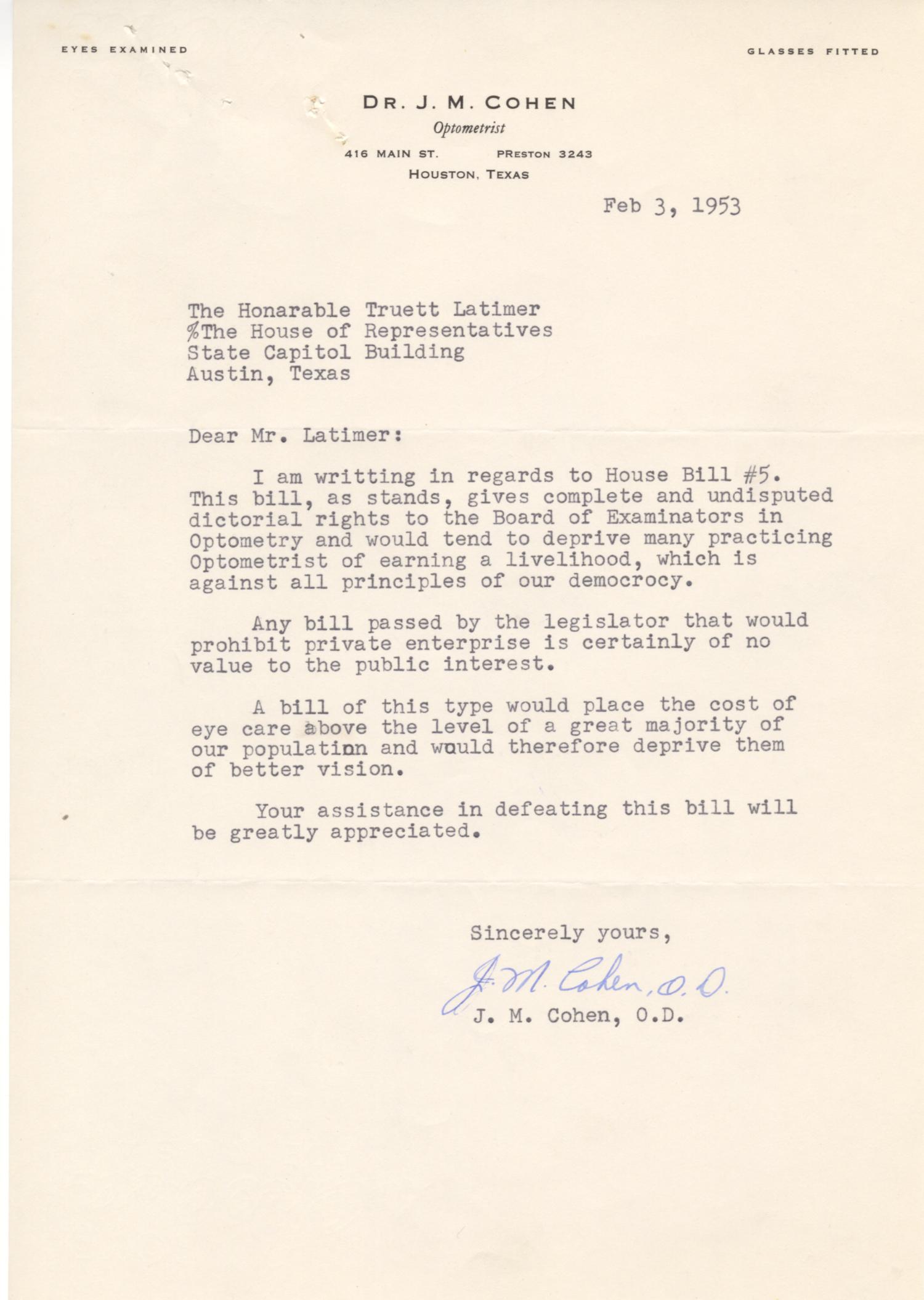 [Letter from J. M. Cohen to Truett Latimer, February 3, 1953]
                                                
                                                    [Sequence #]: 1 of 1
                                                