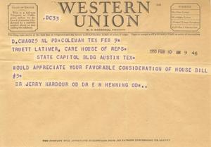 Primary view of object titled '[Telegram from Jerry Harbour and E. H. Henning, February 10, 1953]'.