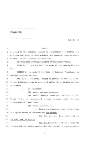 Primary view of object titled '86th Texas Legislature, Regular Session, House Bill 8, Chapter 408'.