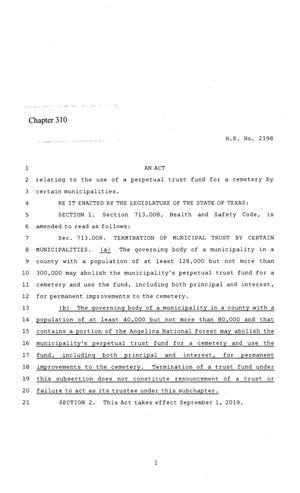 Primary view of object titled '86th Texas Legislature, Regular Session, House Bill 2198, Chapter 310'.