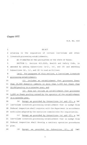 Primary view of object titled '86th Texas Legislature, Regular Session, House Bill 410, Chapter 1032'.
