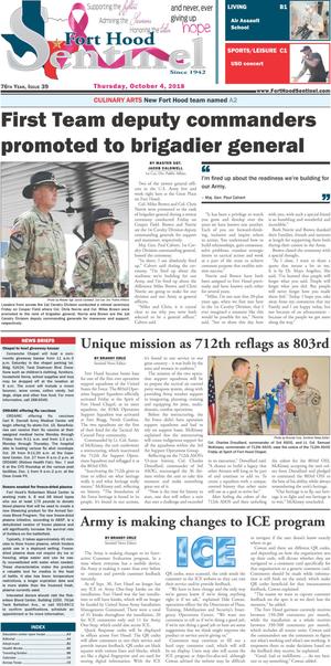 Primary view of object titled 'Fort Hood Sentinel (Fort Hood, Tex.), Vol. 76, No. 39, Ed. 1 Thursday, October 4, 2018'.