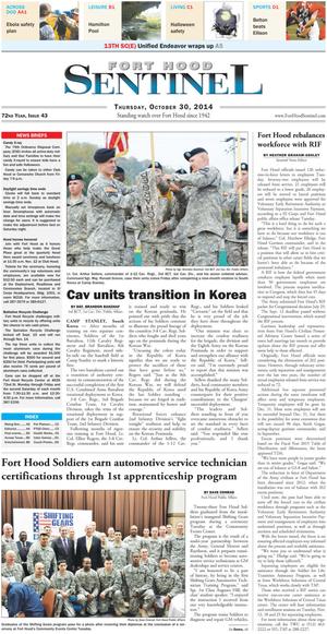 Primary view of object titled 'Fort Hood Sentinel (Fort Hood, Tex.), Vol. 72, No. 43, Ed. 1 Thursday, October 30, 2014'.