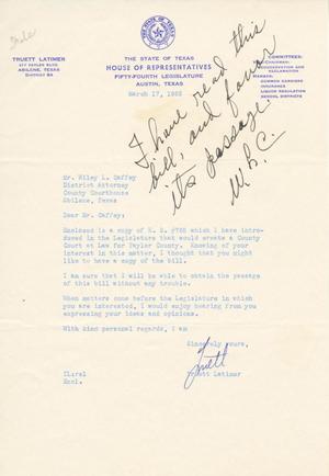 Primary view of object titled '[Letter from Truett Latimer to Wiley L. Caffey, March 17, 1955]'.