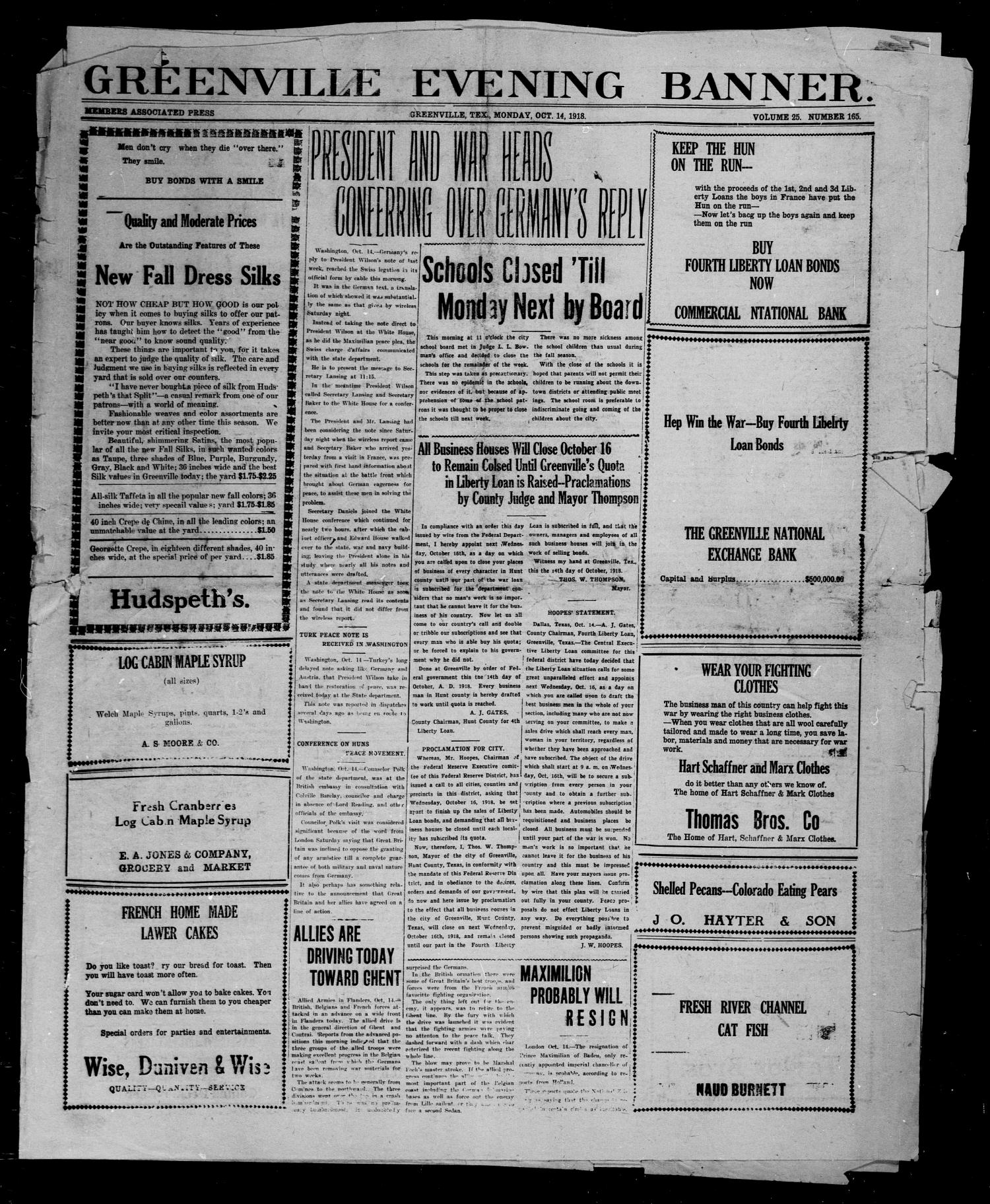 Greenville Evening Banner. (Greenville, Tex.), Vol. 25, No. 165, Ed. 1, Monday, October 14, 1918
                                                
                                                    [Sequence #]: 1 of 8
                                                